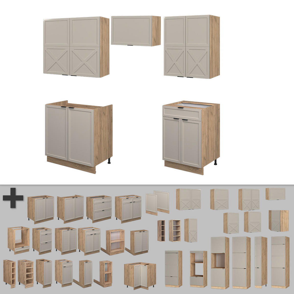 KÜCHENZEILE Fame-Line GrauBeige/Goldkraft Eiche 200 cm, AP Marmor - Honigeiche/Grau, Holzwerkstoff (200/81.6/60cm) - Vicco