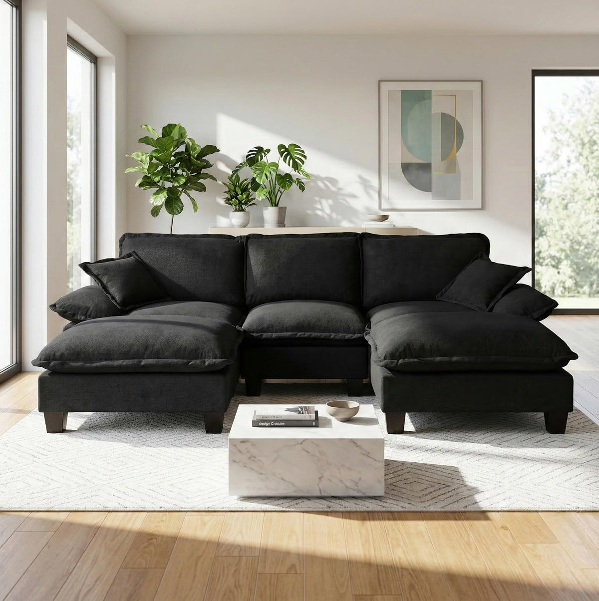 WOHNLANDSCHAFT aus Chenille 224x155x90 cm in Schwarz mit 2 Ottomanen & 2 Kissen - Schwarz, Textil (155/90/224cm) - Modfu