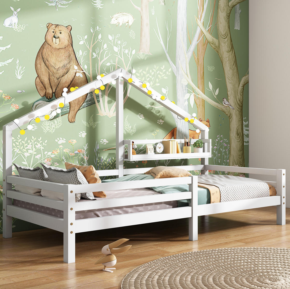 KINDEREINZELBETTEN aus Kiefer 90x200 cm in Weiß mit Ablageregal & Rausfallschutz - Weiß, Holz (90/200cm) - Modfu