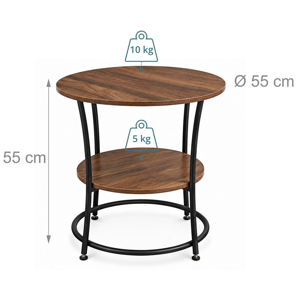 MASĂ maro negru rotundă 2 rafturi 55x55 cm - maro, compozit lemnos/metal (55/55/55cm) - Relaxdays