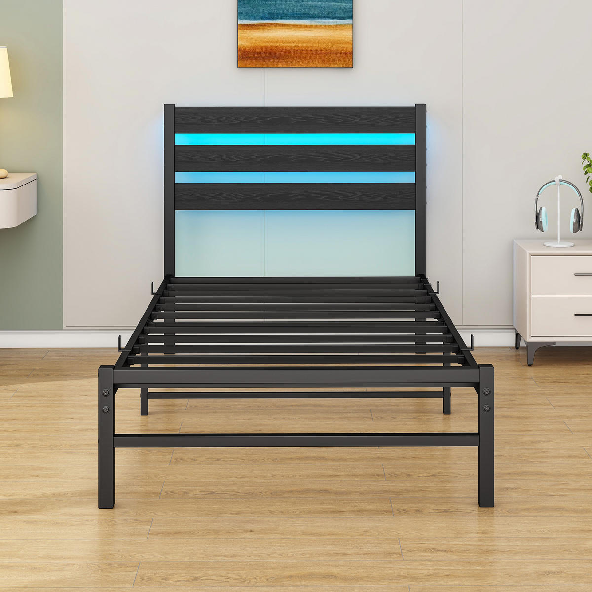 METALLBETT 90x200 cm LED USB Stauraum - Schwarz, Holzwerkstoff (90/200cm) - LEBENLANG