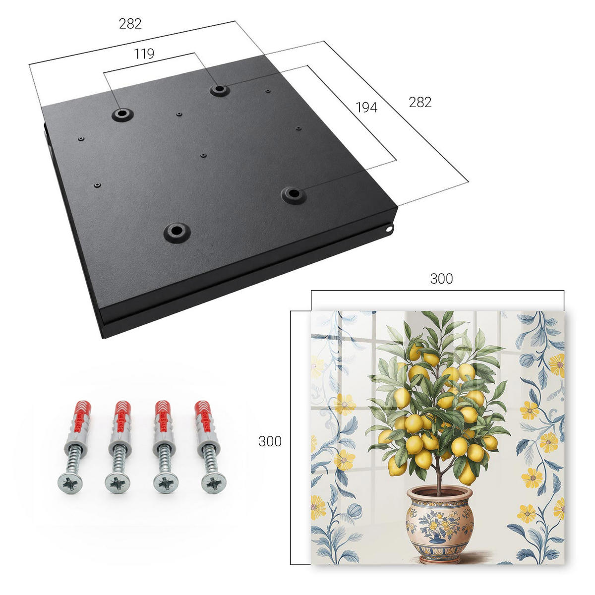 SCHLÜSSELBOX Schwarz 30x30 cm- Türöffnung nach rechts - Zitronenbaum - Grün, Metall (30/30/5cm) - TULUP