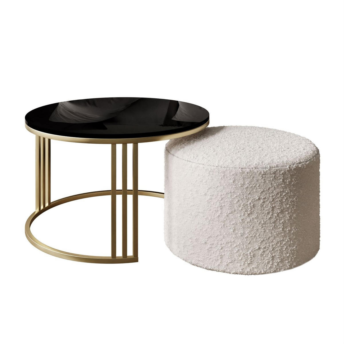 COUCHTISCH mit Hocker LORI Hochglanz gebürstetes Gold/Schwarz glänzend/Coral 65 - Schwarz, Metall (70/70/49cm) - Lookway