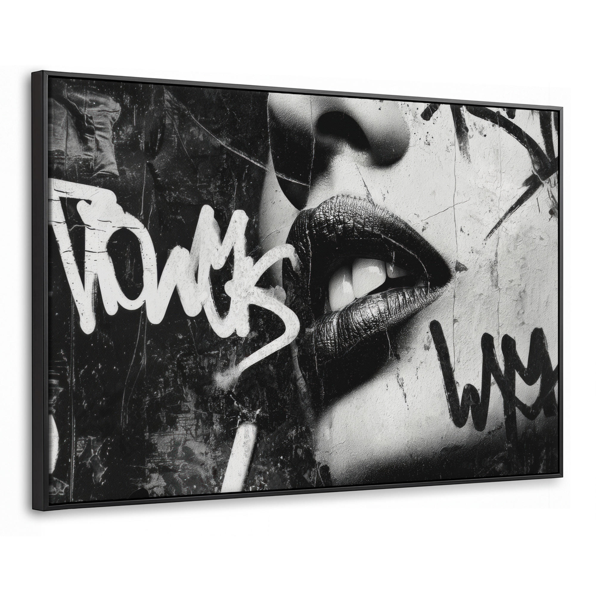 LEINWAND Bilder mit Rahmen - Gesicht - Mund - Graffiti - Schwarz - 150x100 - Schwarz, Textil (150/100cm) - MuchoWow