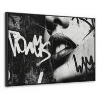 LEINWAND Bilder mit Rahmen - Gesicht - Mund - Graffiti - Schwarz - 90x60 - Schwarz, Textil (90/60cm) - MuchoWow
