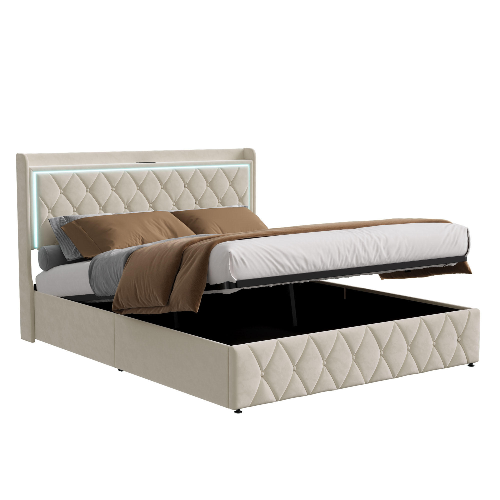 POLSTERBETT 140x200 cm in Beige mit LED, Stauraum & Ladestation - Beige, Holz/Metall (140/200cm) - PARAFTA HOME