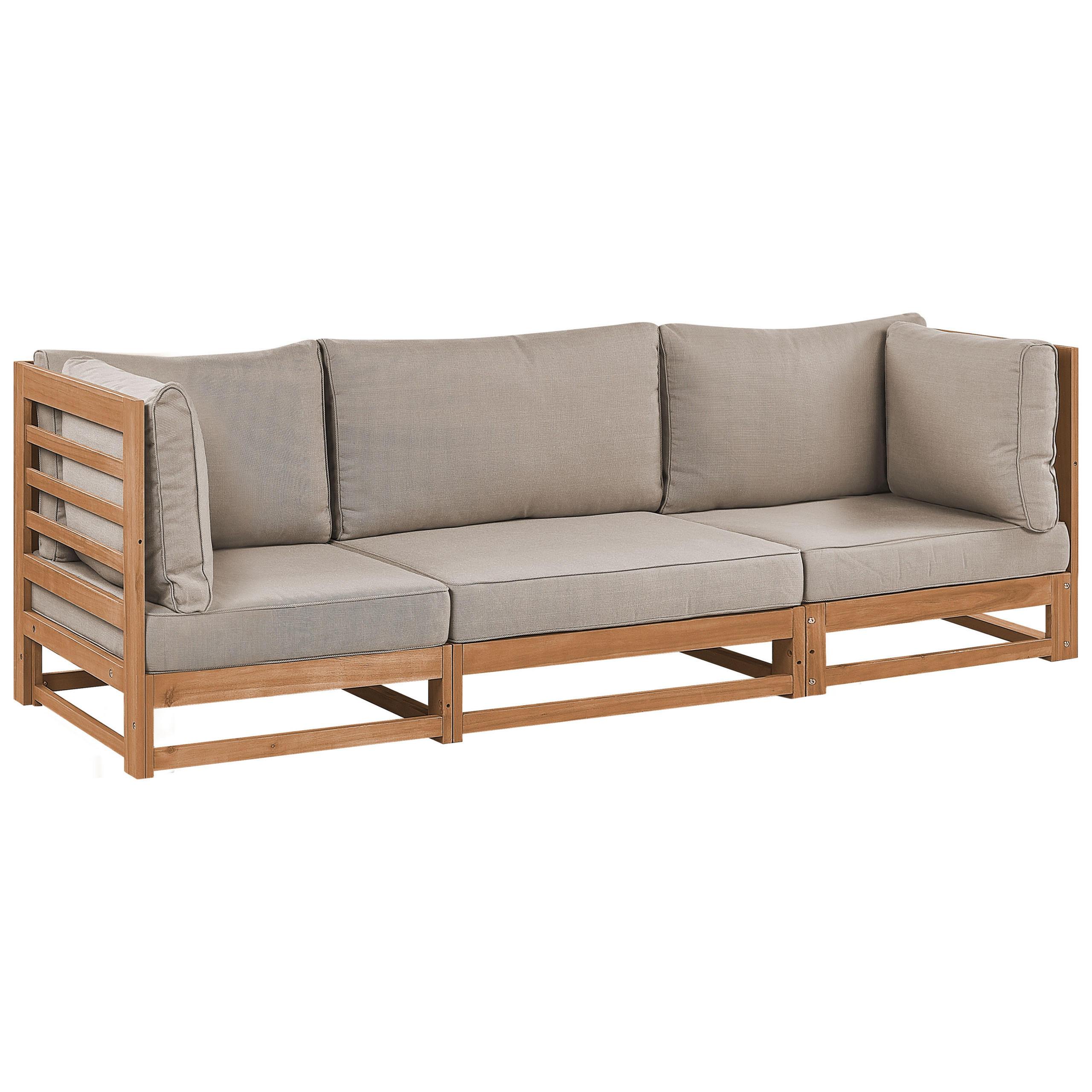GARTENSOFA 3-Sitzer zertifiziertes Akazienholz hellbraun Auflagen taupe Trani - Hellbraun/Beige, Holz (235/72/75cm) - Beliani
