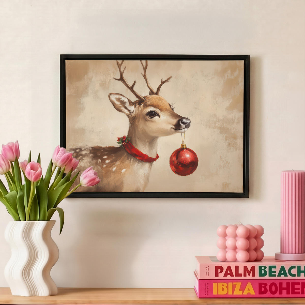 LEINWAND Bilder mit Rahmen - Weihnachten - Hirsch - Geweih - Weihnachtskugel - Rentier - 40x30 - Hellbraun, Textil (40/30cm) - MuchoWow