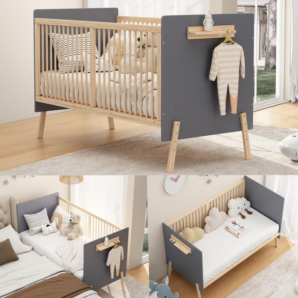 KINDERBETT Babybett 70/140 cm aus massivem Fichtenholz mit 3-facher Höhenverstellung Blaugrau/Natur - Blau, Holz (70/140cm) - Modenvie