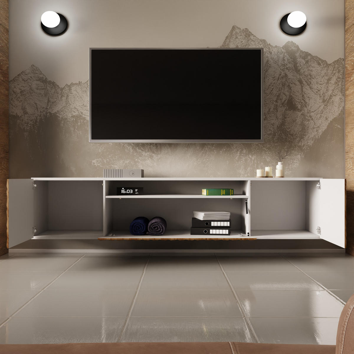 LOWBOARD ROVA 200/41/40 cm, Hängender TV-Schrank Weiß / Eichefarben - Eichefarben/Weiß, Holzwerkstoff (200/41/40cm) - MASSENO