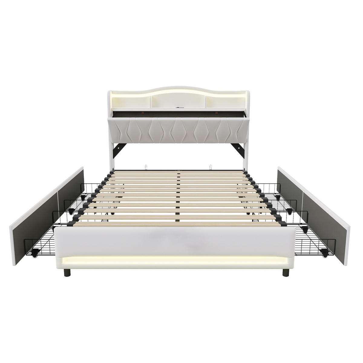 POLSTERBETT 140/200 cm mit Stauraumschubladen, Ablagekopfteil & Fußteil mit mehrfarbigem LED-Licht, USB-Anschluss, samtiger Velours-Bezug - Beige, Holz/Metall (140/200cm) - Joyfair
