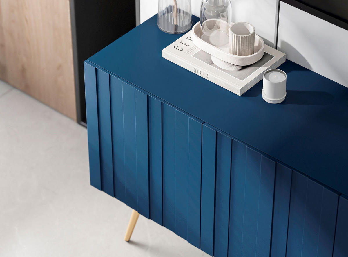 TV-SCHRANK Elpis Marineblau Matt mit goldenen Metallbeine Glamour 150 cm - Blau/Goldfarben, Holzwerkstoff/Metall (150/60.5/36.5cm) - Meble Lindner