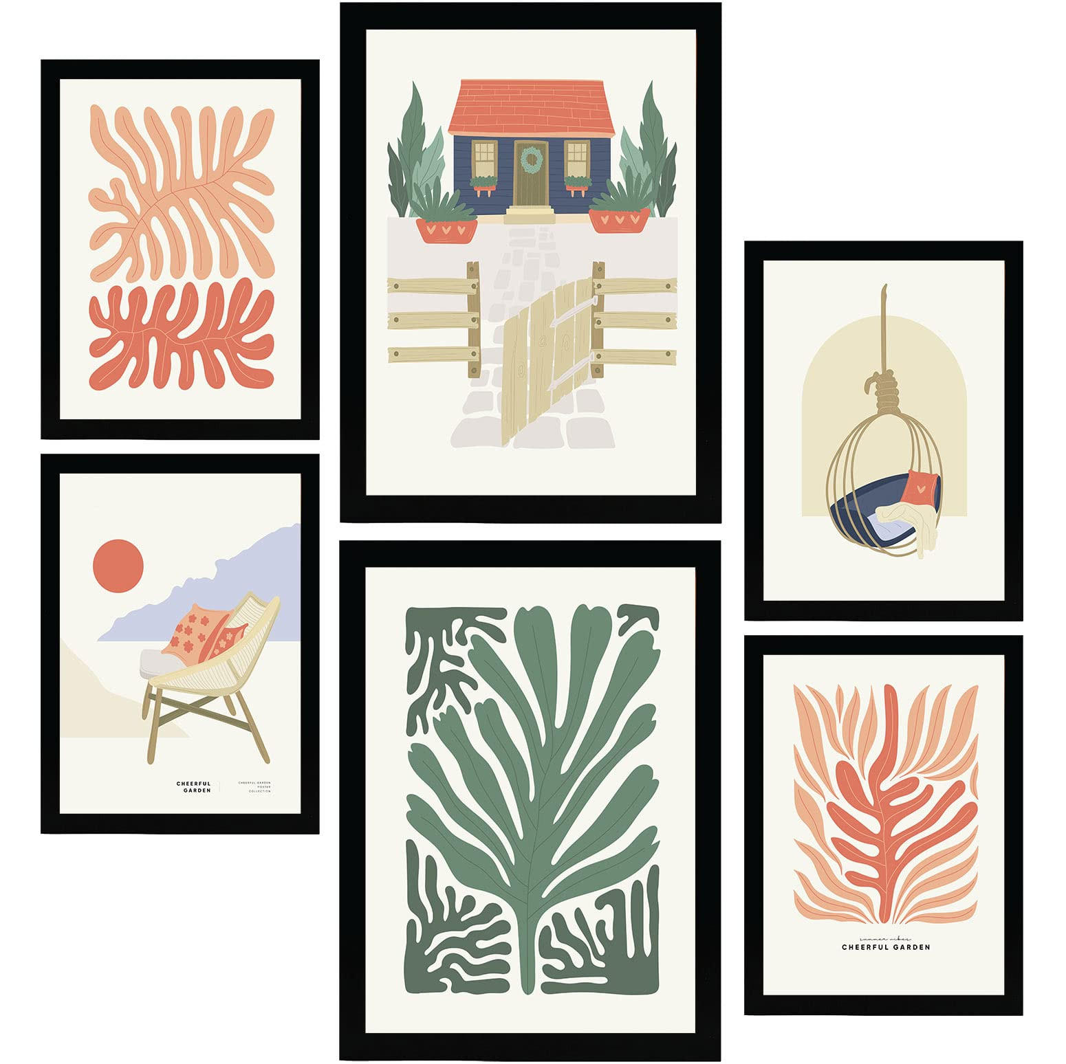POSTER Set Mit 6 Minimalistischen In Leuchtenden Farben Strandhaus Drucke Von Landschaften Und Natur Für Innenarchitektur A3 & A4 Schwarzer Rahmen - Schwarz, Papier (29/3cm) - Nacnic