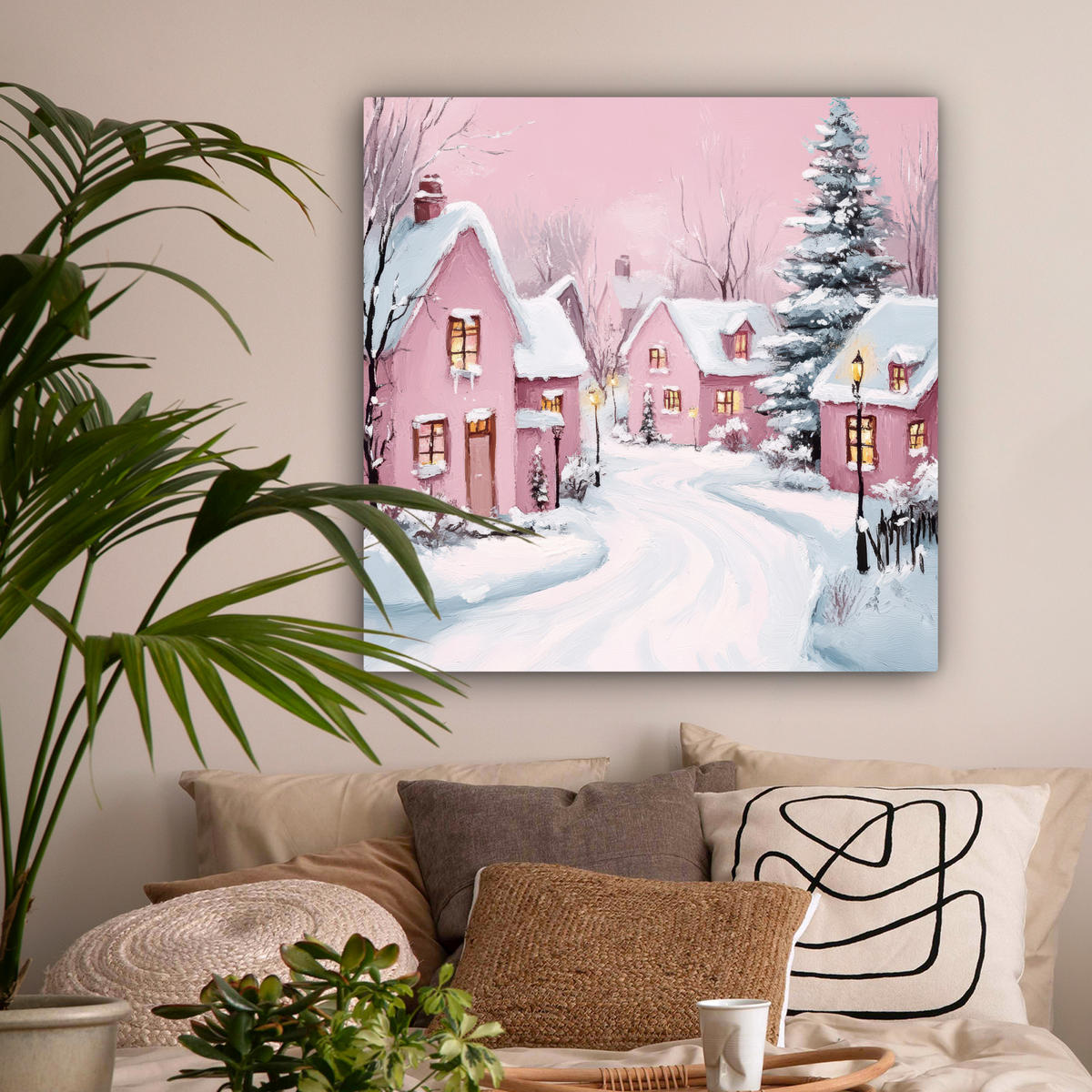 LEINWANDBILD Weihnachtsdorf - Rosa - Winter - Schnee - Häuser Deko Groß 90x90 cm - Altrosa, Textil (90/90cm) - MuchoWow