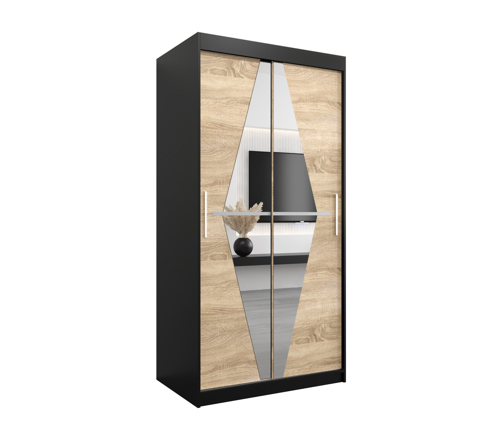 Abiks Möbel Schwebetürenschrank Schwarz, Sonoma Eiche 100x200x62 cm