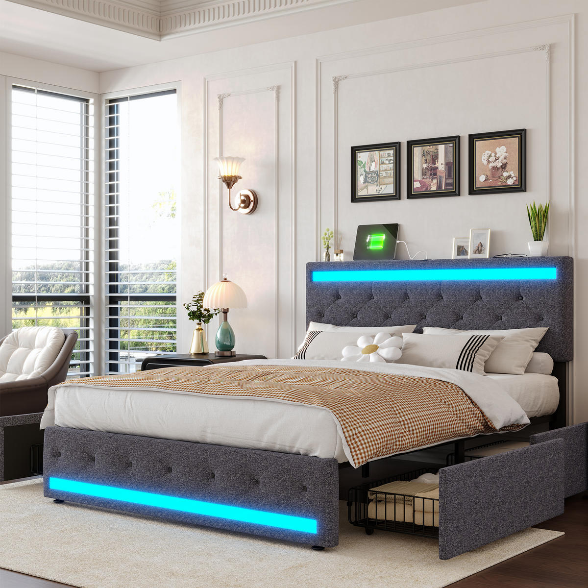 POLSTERBETT 160/200 cm, in Grau Leinenoptik Stoff, Bettkasten, Gepolstertes Kopfteil mit LED-Beleuchtung USB, 4 Metall-Stauraumschubladen - Dunkelgrau, Textil/Metall (160/200cm) - BPKADHY