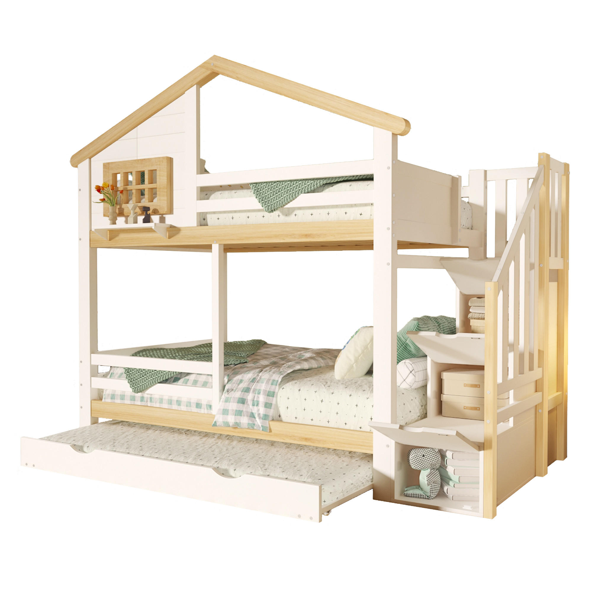 ETAGENBETT 90/200 mit Ausziehbett und Stauraumleiter in Weiß und Natur - Weiß/Naturfarben, Holz/Holzwerkstoff (90/200cm) - EVRYAE