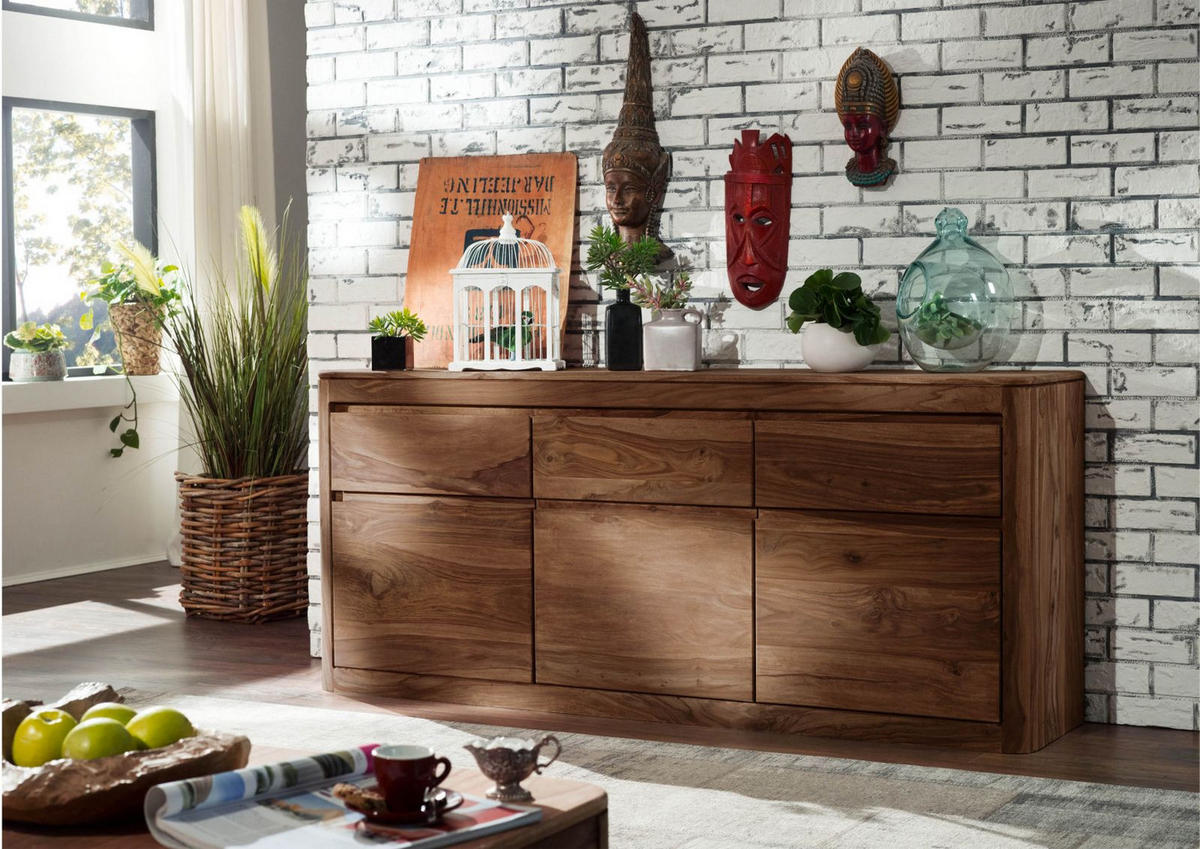SIDEBOARD Sheesham 185x40x80 rot-braun gebeizt TORONTO #101 - Dunkelbraun, Holz (185/80/40cm) - Massivmoebel24