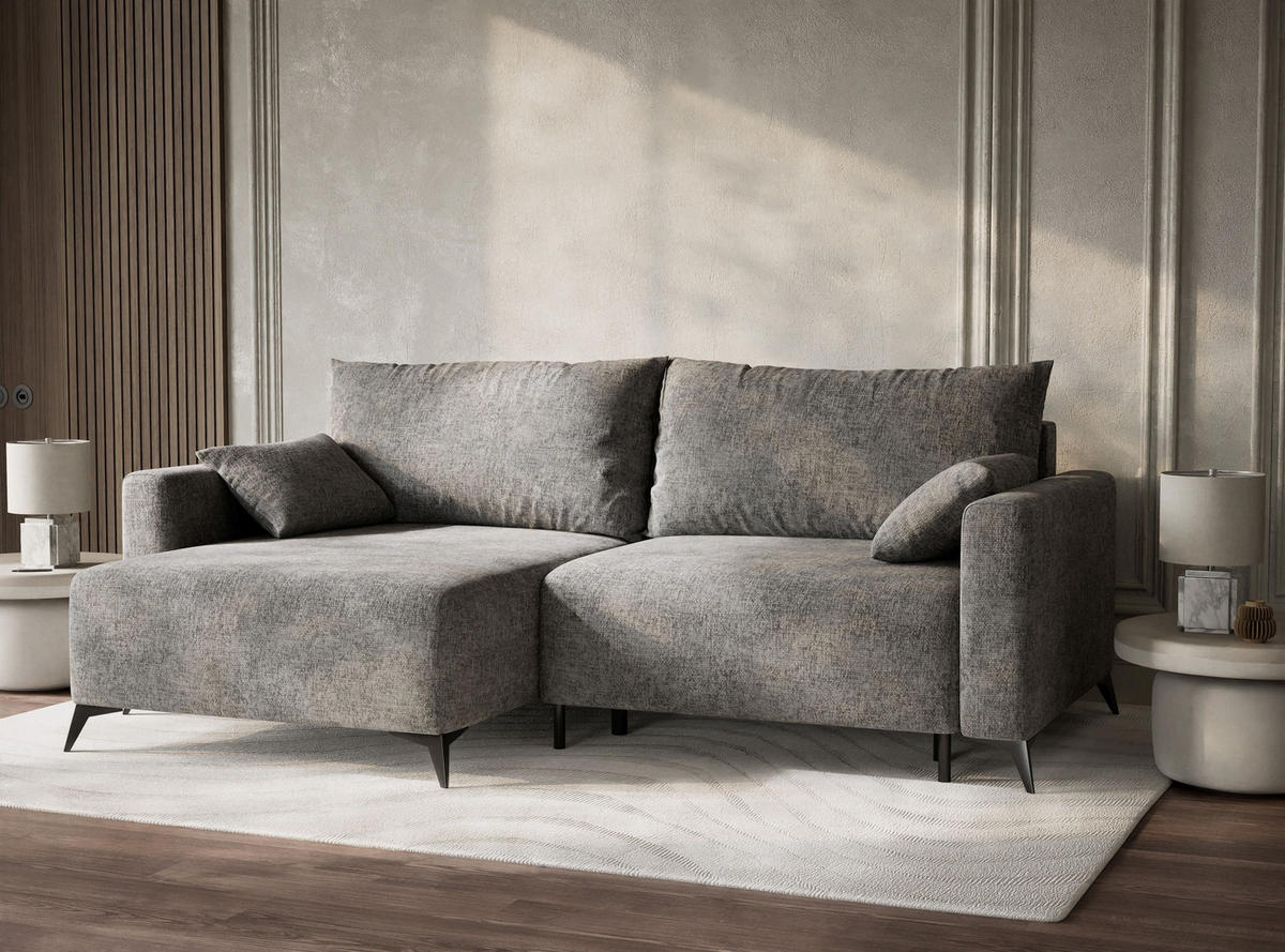 ECKSOFA MIT SCHLAFFUNKTION Leon Grau Chenille-Stoff - Schwarz/Grau, Holz/Holzwerkstoff (148/239cm) - Maison de Reve