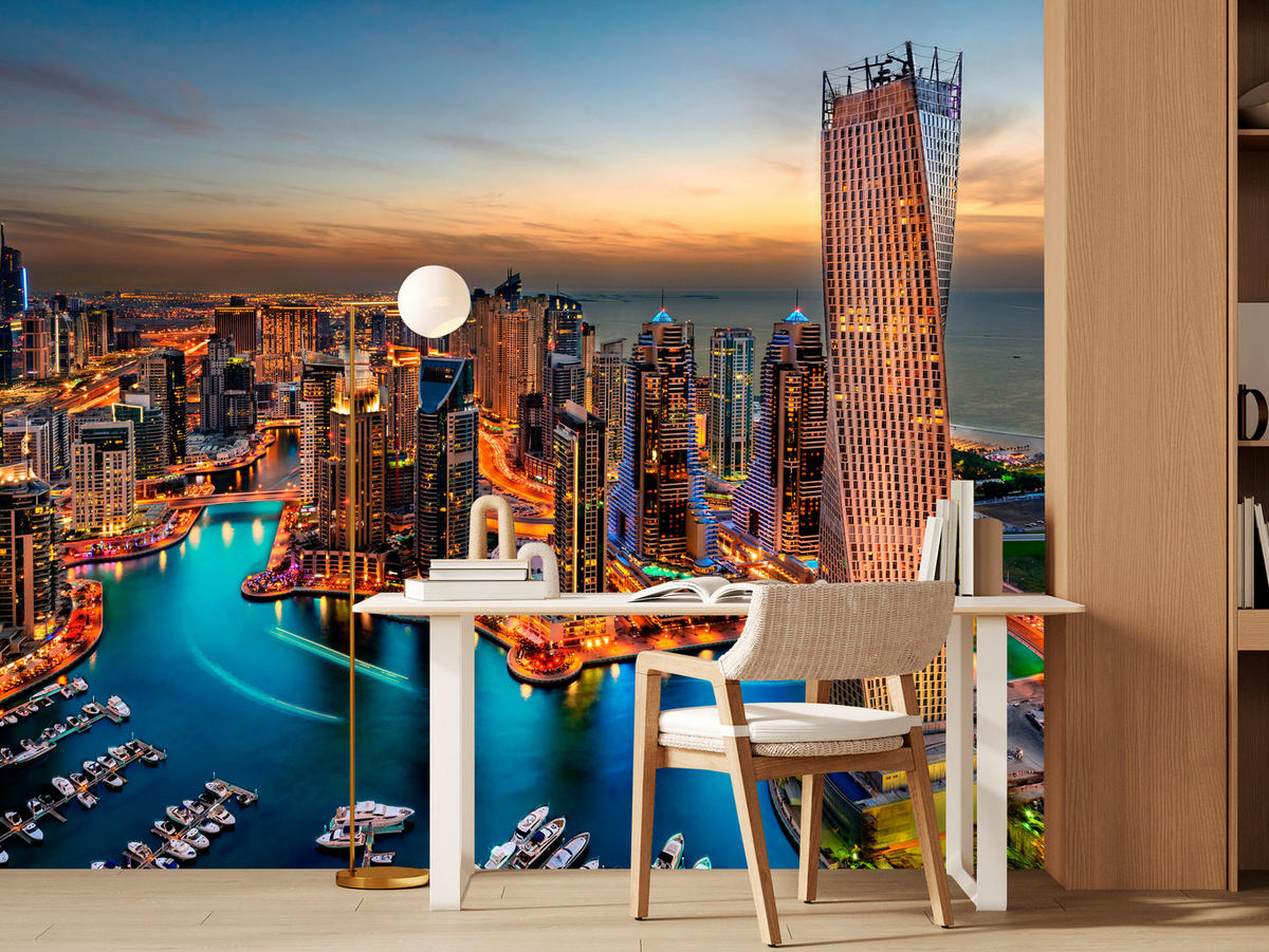 FOTOTAPETA Pre Kanceláriu Mrakodrapy Dubai Marina Prístav Svetlá Moderná 250 x 175 cm - oranžová/hnedá, papier (250/175cm) - Muralo