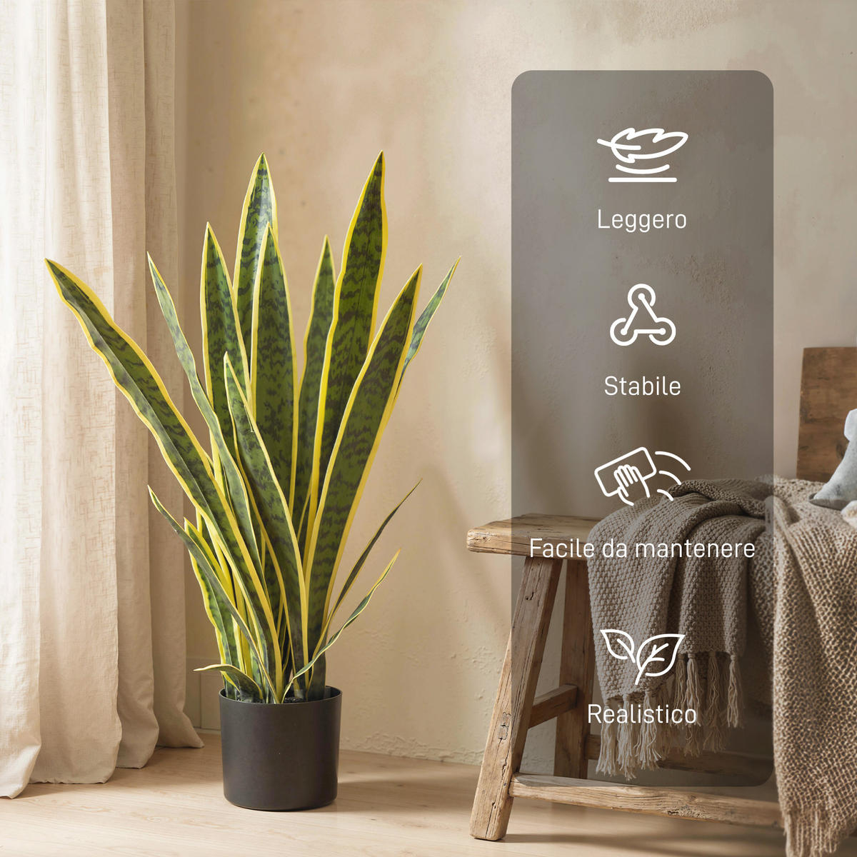 KUNSTPFLANZE, Künstliche Sansevieria, Topf, Ø15x80 cm, realistisch, Grün & Gelb - Multicolor, Kunststoff (77cm) - FORIOUS