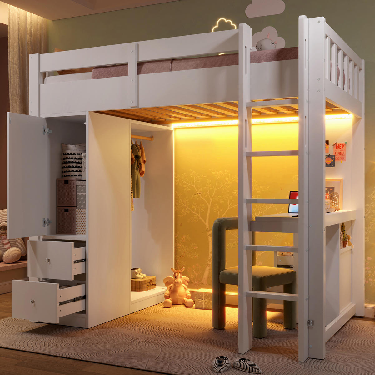 HOCHBETT 90/200 cm Weiß mit Schreibtisch, LED und 4 Schubladen - Weiß, Holz (90/200cm) - MIVRAY