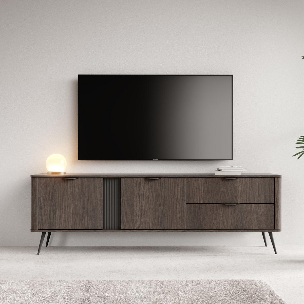 TV-LOWBOARD Terzo 2D 2S Eiche Dunin mit Rillendekor - Schwarz Metallfüße - Eichefarben/Schwarz, Holz/Holzwerkstoff (195/61/38cm) - Ravio