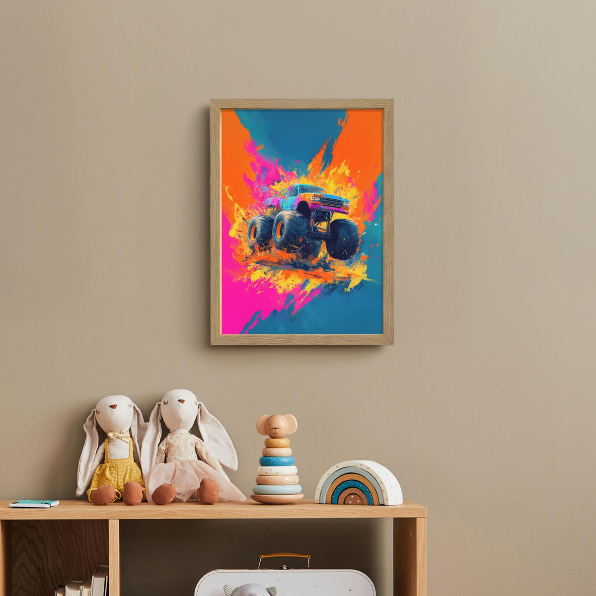 DOBÍJECÍ NOČNÍ LAMPIČKA Monster truck - Abstraktní - Stříkající barva - Barevné 30x40 cm - růžová, kompozitní dřevo (8/30/40cm) - OnlyWow