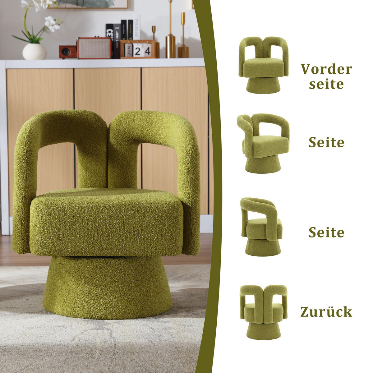 SESSEL Bouclé Olivgrün drehbar - Olivgrün, Holzwerkstoff/Textil (67/74/54cm) - WISHDOR