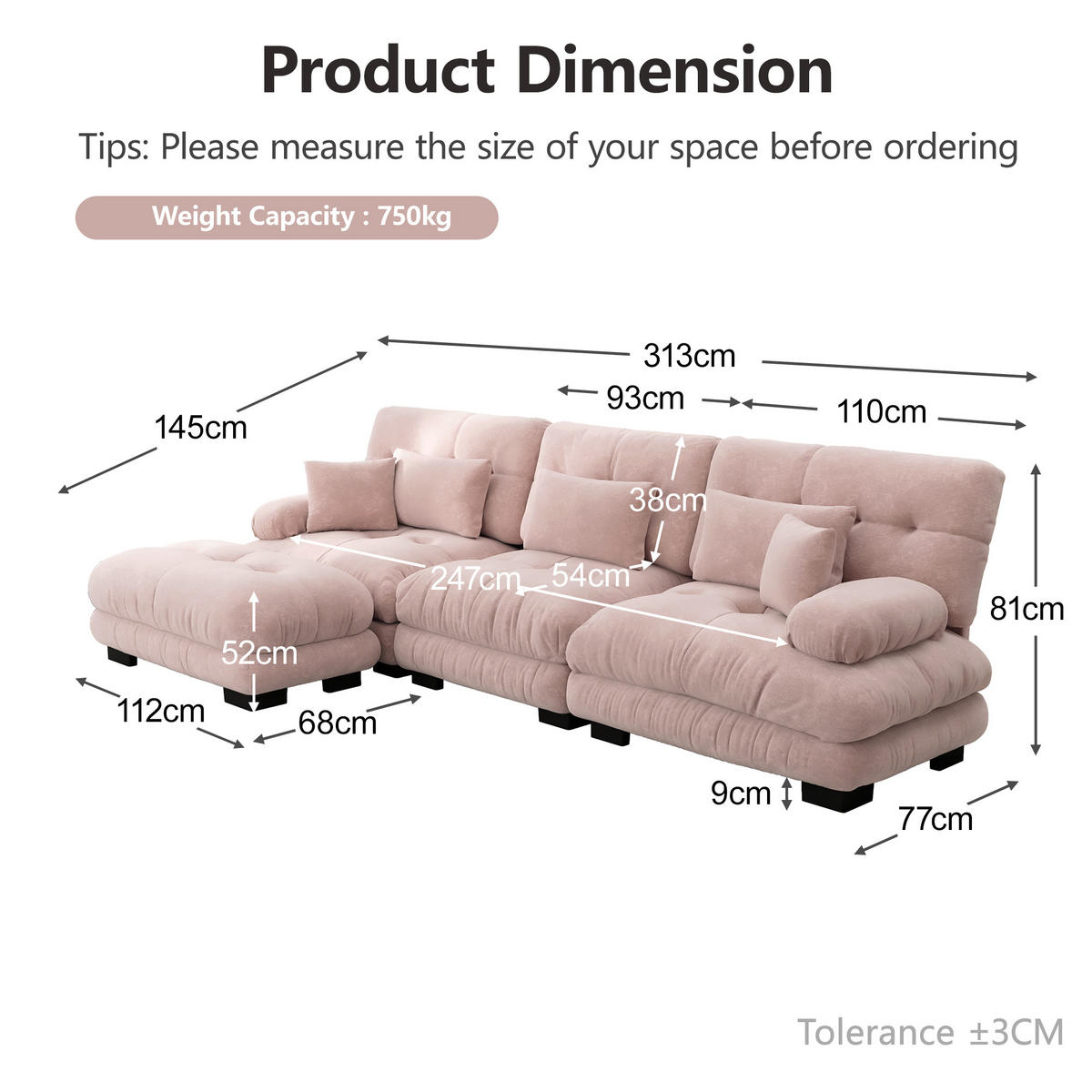 L-FÖRMIGES ECKSOFA Pink 313/145/81 cm 3-Sitzer Modular mit Hocker - Pink, Textil (313/145cm) - PANGIVO