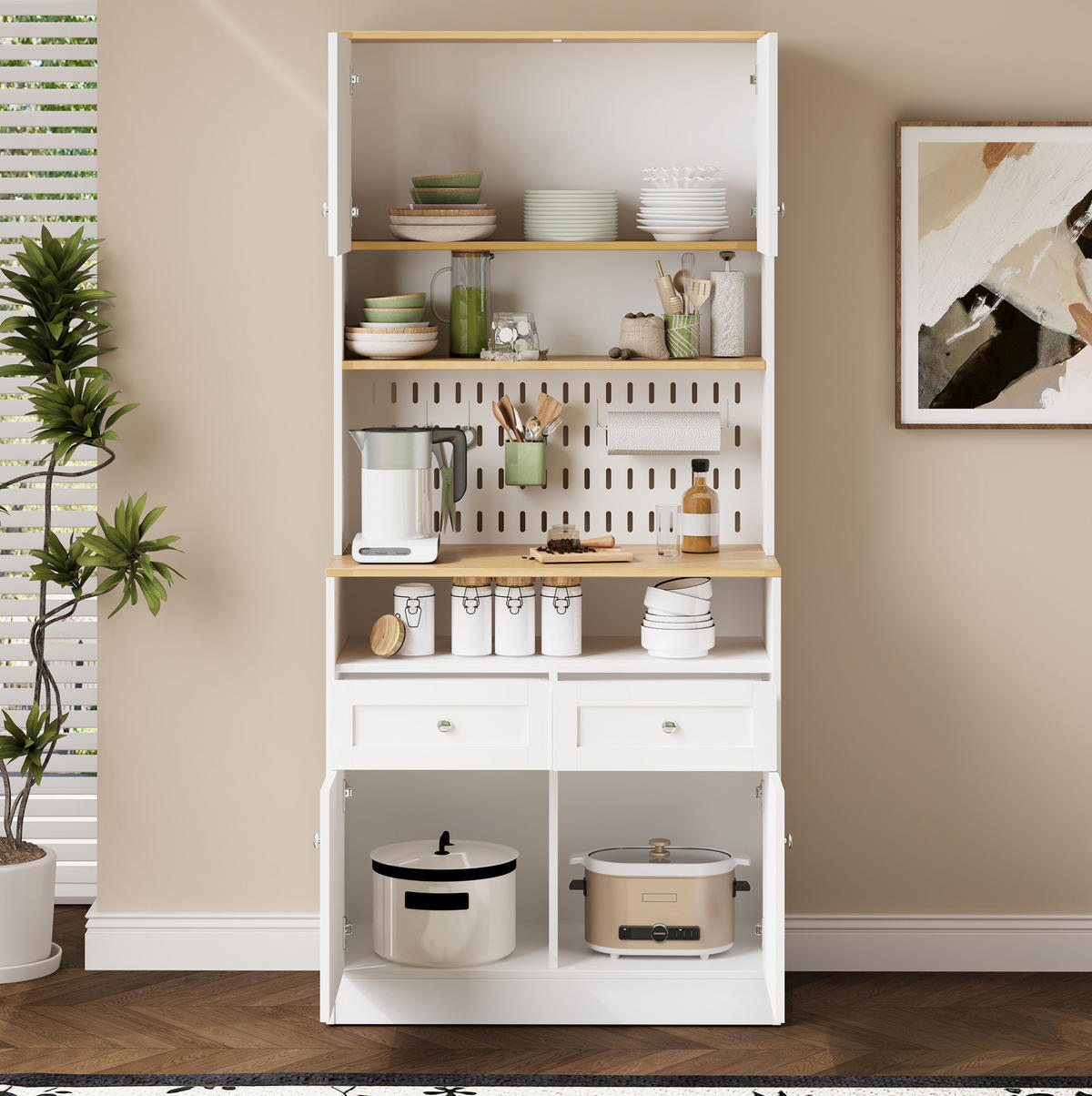 SIDEBOARD 80/40/175 cm Weiß/Natur aus MDF und Spanplatte mit Lochwand - Weiß, Holzwerkstoff (40/175/80cm) - OKMYHOME