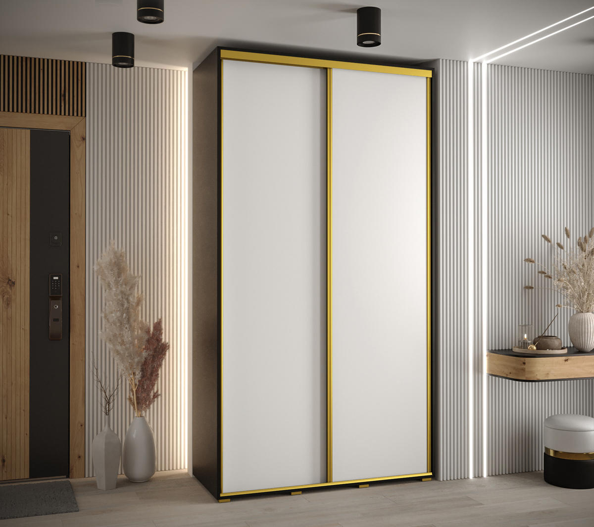 SCHWEBETÜRENSCHRANK 235,2/140/45 2-türig - Goldfarben/Schwarz, Holz/Metall (140/235/45cm) - Abiks Möbel