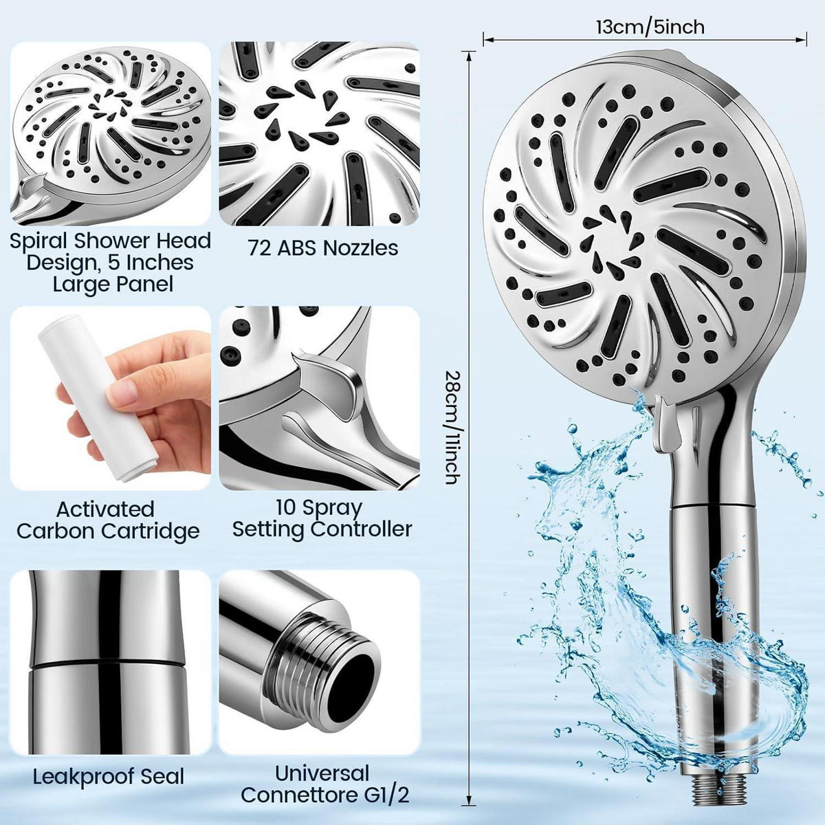 HANDBRAUSE mit 10 Strahlarten und 15-stufigem Filtersystem - Silberfarben, Metall (13/12.7/28cm)