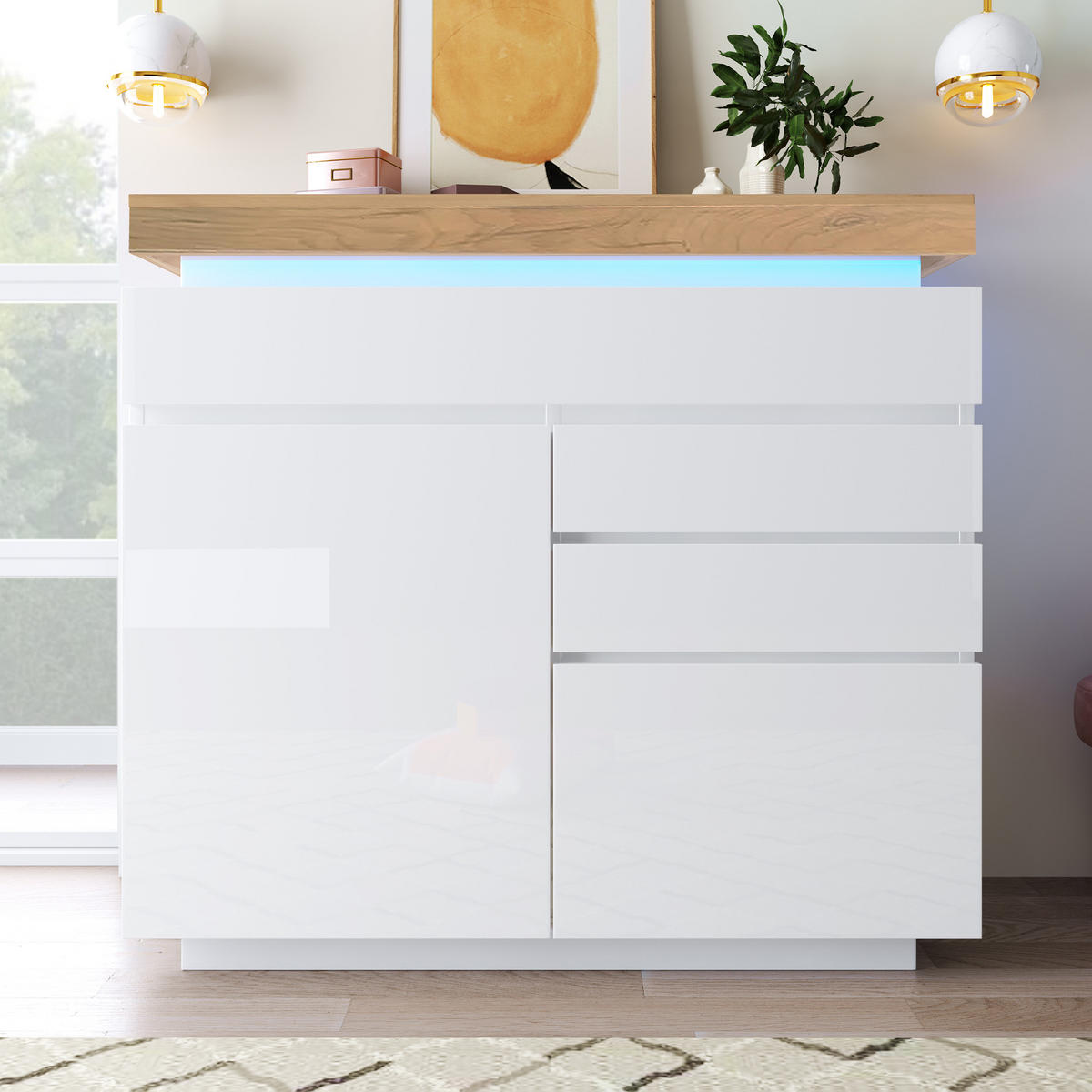 KOMMODE Vitrinenschrank Hochglanz LED Touch Steuerung verstellbare Böden Soft Rollenschiene Kippschutz - Weiß, Holzwerkstoff (110/115/39cm) - EVRYAE