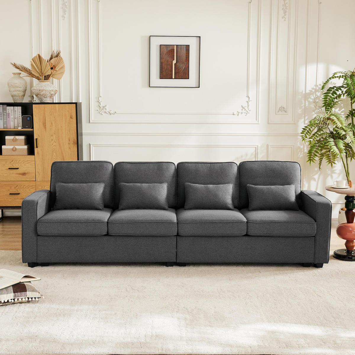 4-SITZER Sofa Leinenstoff mit Armlehnentaschen und 4 Kissen 264/83/87 cm Dunkelgrau - Dunkelgrau, Textil (87/264/83cm) - Redom