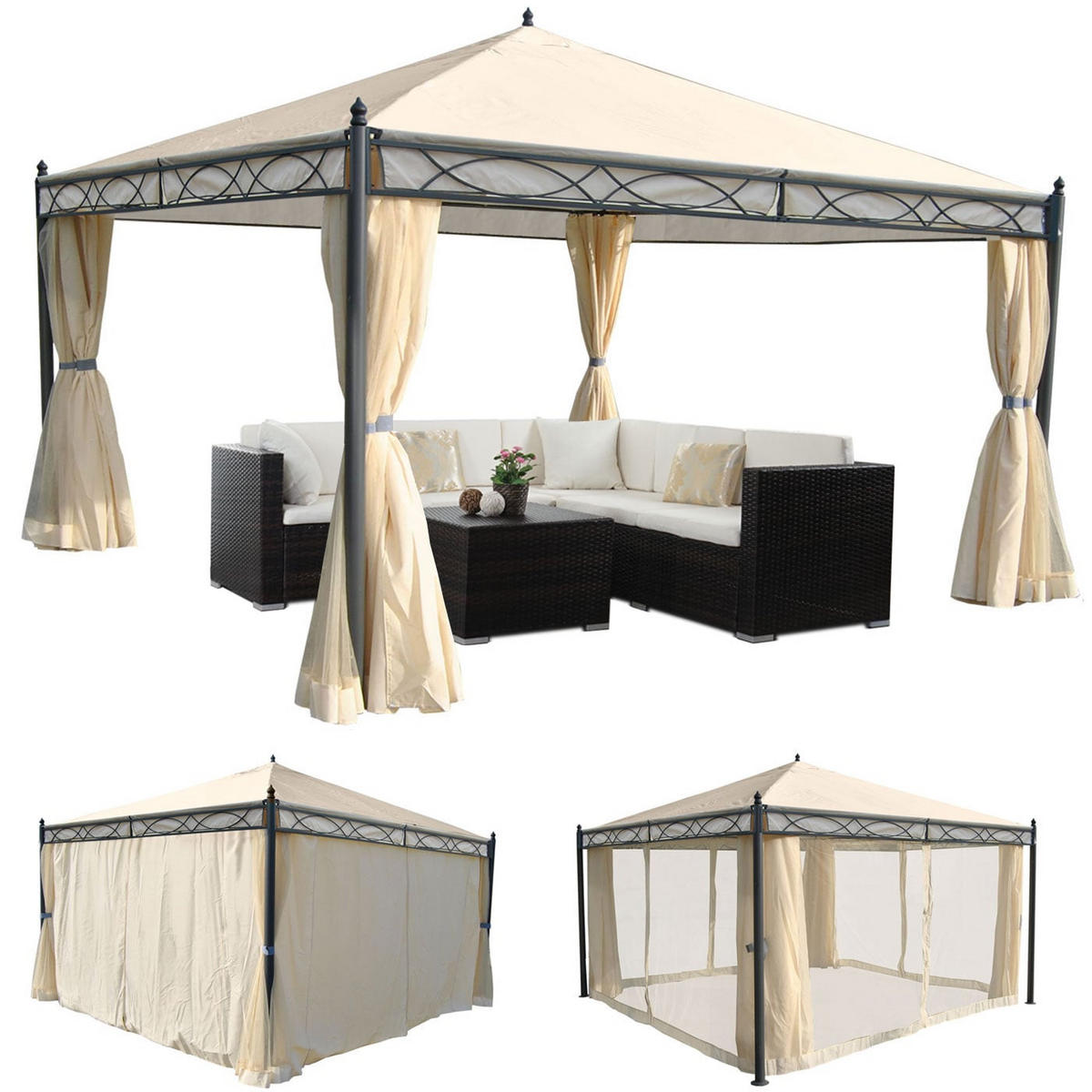 PERGOLA Cadiz 290x400x400cm Creme Seitenwand + Moskitonetz - Creme, Metall (400/290/400cm) - BERLINLODGE