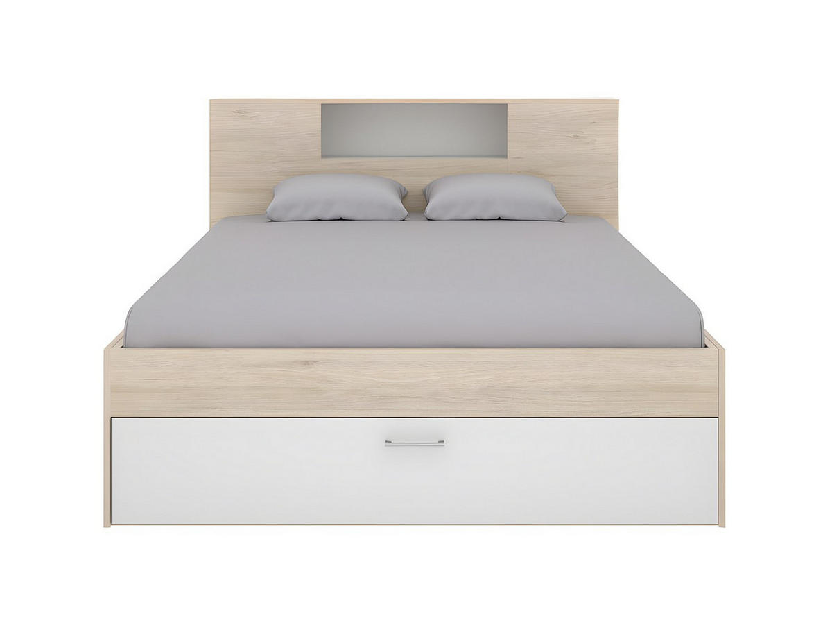 BETT mit Kopfteil, Stauraum & Schubladen + Lattenrost - 140 x 190 cm - Weiß & Naturfarben - LEANDRE - Naturfarben/Weiß, Holz (140/190cm) - Vente-Unique
