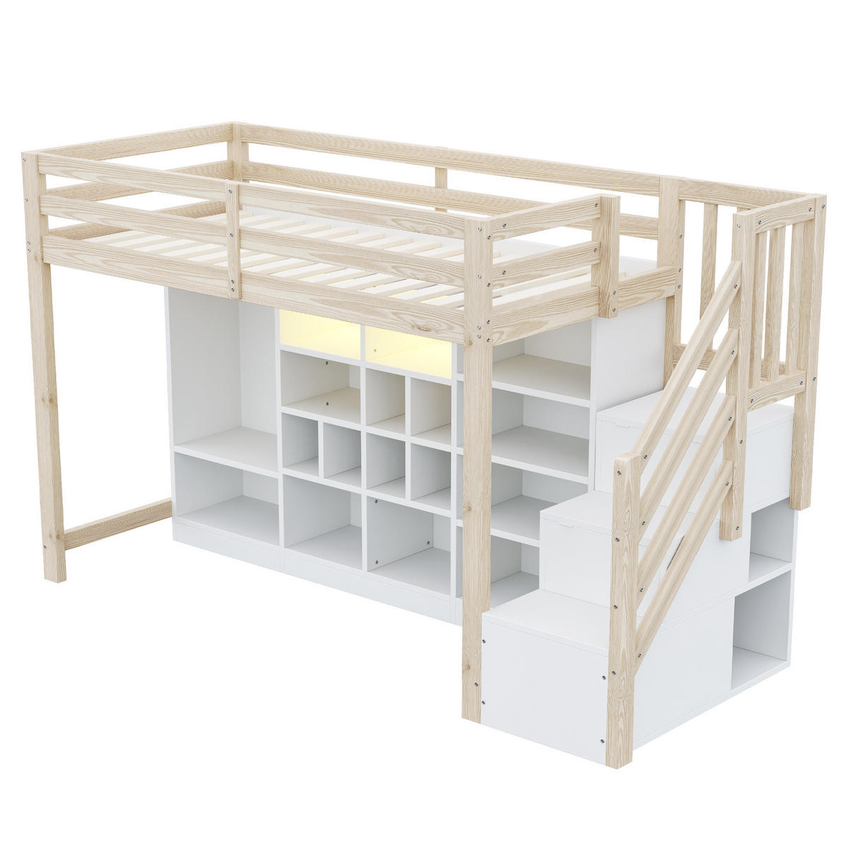 HOCHBETT 90/200 cm mit LED-Beleuchtung, Stauraumfächern und Kleiderschrank, Natur /Weiß - Naturfarben, Holzwerkstoff (90/200cm) - Redom