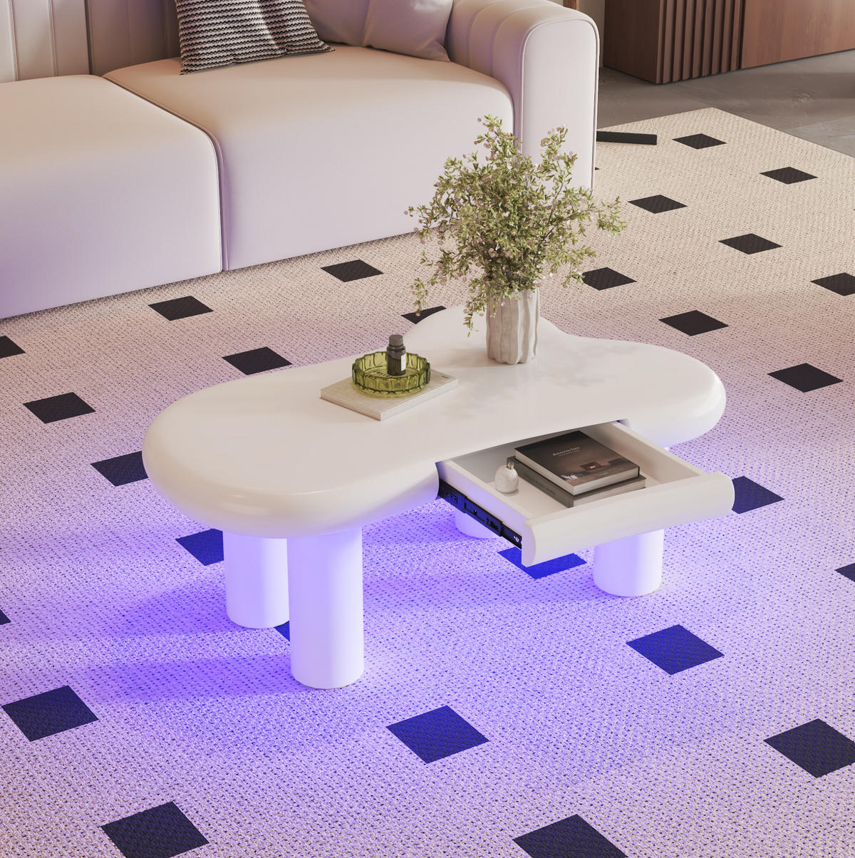 COUCHTISCH 98/65,5/40 cm aus MDF mit 16-farbiger LED-Beleuchtung und Schublade in Cloud-Form, Weiß - Weiß, Holzwerkstoff (98/65.5/40cm) - Redom