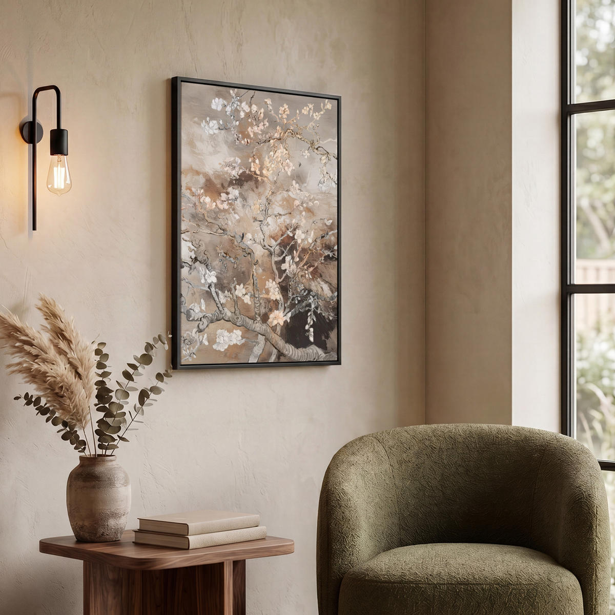 LEINWAND Bilder mit Rahmen - Mandelblüte - Kunst - Van Gogh - Beige - Abstrakt - 50x70 - Braun, Textil (50/70cm) - MuchoWow