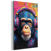 METALLBILD Graffiti - Schimpanse - Straßenkunst - Kopfhörer - Affe 60x90 cm - Blau, Metall (60/90cm) - MuchoWow