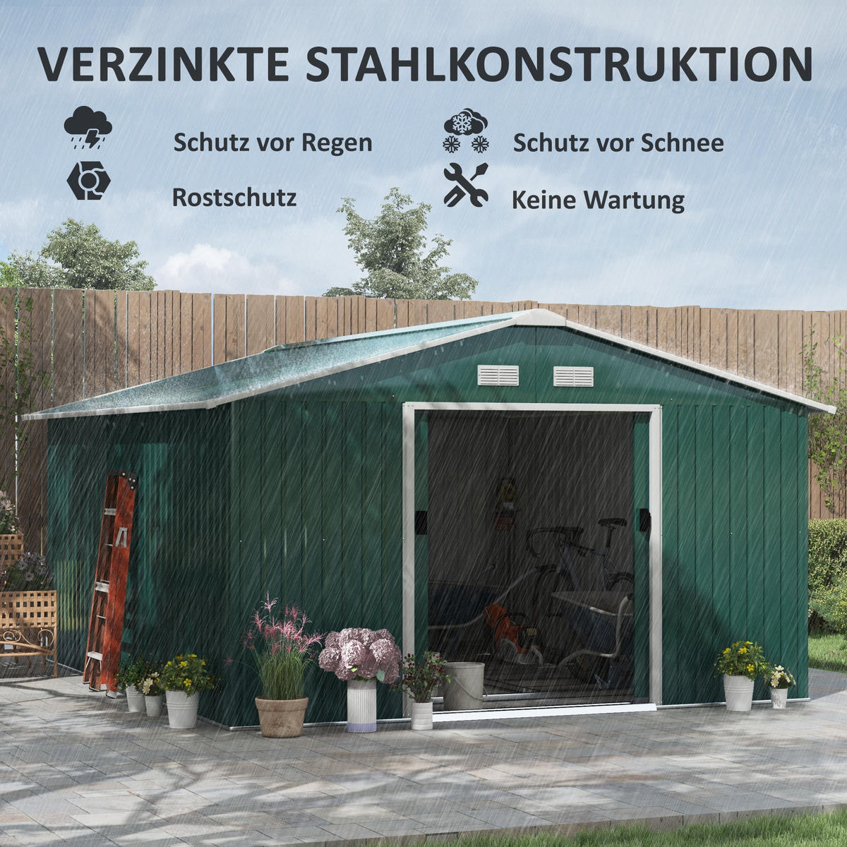 GERÄTEHAUS 386/340/200 cm Dunkelgrün mit Schiebetür und Fundament - Dunkelgrün, Metall (386/200/340cm) - Oxeza