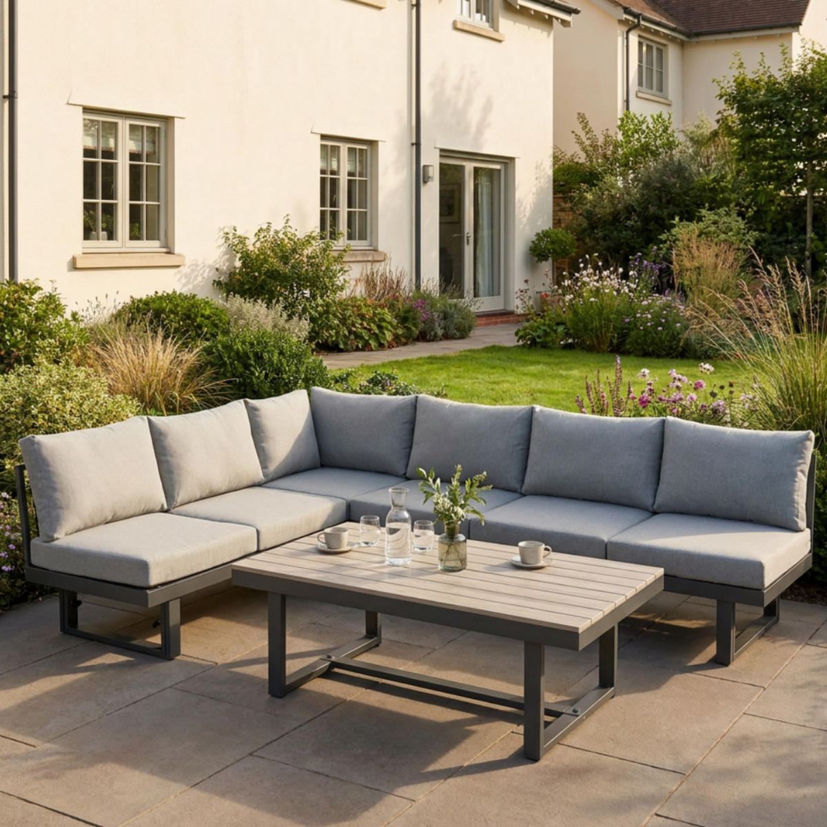 GARTENLOUNGE Largo Anthrazit 5-tlg. Set 213,5x283,5 cm, Aluminium, höhenverstellbarer Tisch, 6 Sitzplätze - Grau, Kunststoff - bellavista - Home & Garden