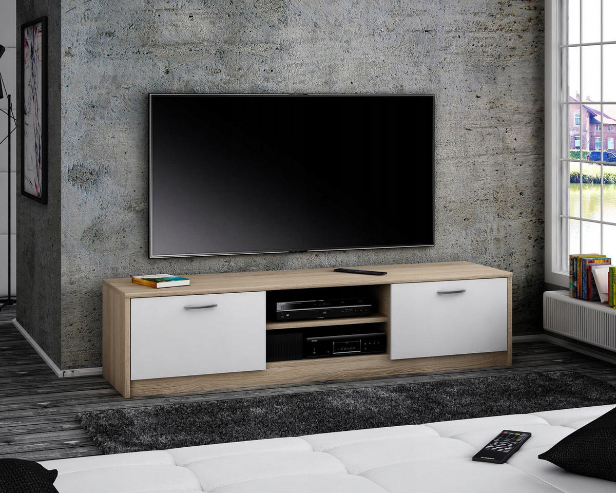 FERNSEHKOMMODE 2DC Sonoma Eiche-Weiß 160/41/36 cm - Weiß/Sonoma Eiche, Holzwerkstoff (160/36/41cm) - Matkam Möbel