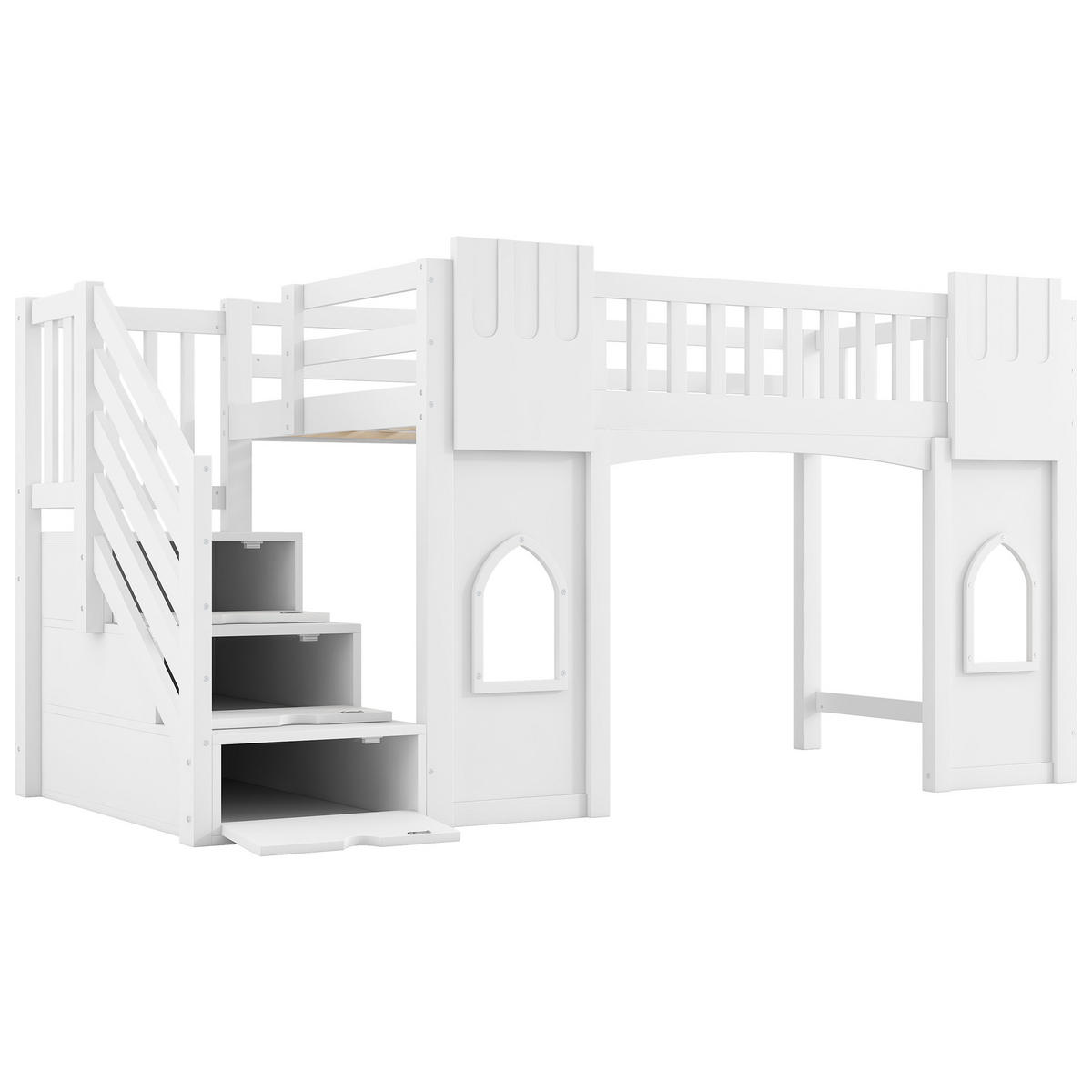 KINDERHOCHBETT 90x200 mit Stauraumtreppe, Fenster, Geländer, Holzrahmen und MDF, platzsparend, weiß - Weiß, Holzwerkstoff (90/200cm) - Luhomfu