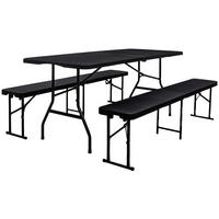 GARTENTISCH für 8 Personen 180/74/74 cm mit 2 Bänken - Schwarz, Kunststoff - Amanka