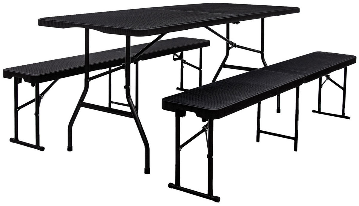 GARTENTISCH für 8 Personen 180/74/74 cm mit 2 Bänken - Schwarz, Kunststoff - Amanka