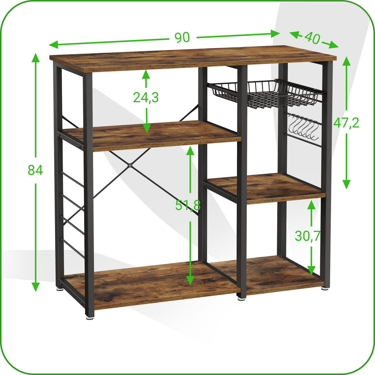 KÜCHENREGAL Holzoptik Metall Dunkelbraun Schwarz mit Haken & Korb 90x40x84 cm - Dunkelbraun/Schwarz, Holzwerkstoff/Metall (90/84/40cm) - Begryf