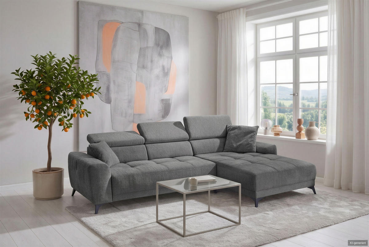 ECKSOFA mit elektrischer Sitztiefenverstellung, Kopflehnen verstellbar, USB-A und USB-C Ladefunktion B299/T200/H107 cm, Chenille Dunkelgrau / 15421 - Dunkelgrau/Schwarz, Holzwerkstoff/Textil (299/200cm) - luma-home
