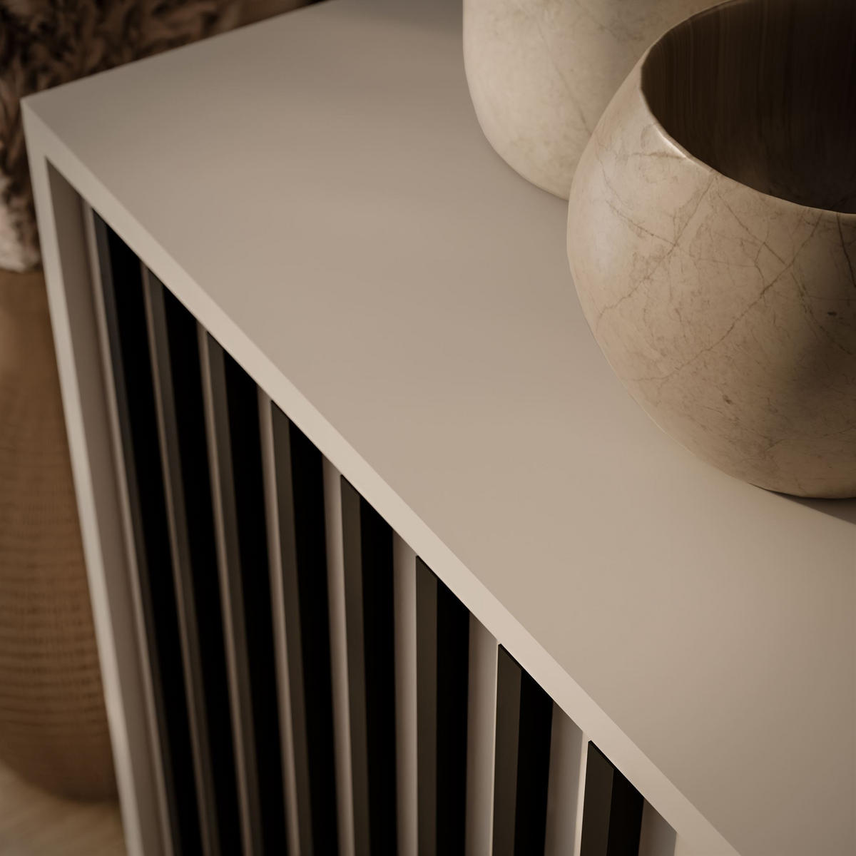 KOMMODE NELA, zweitürig mit Lamellen, Kaschmir/Schwarz - Kaschmir, Holzwerkstoff (155/86/45cm) - Lookway